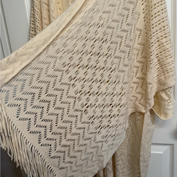 LOFT Cream Boho Knit Ruana Poncho Cardigan with Fringe | NWT - Picture 3 of 5